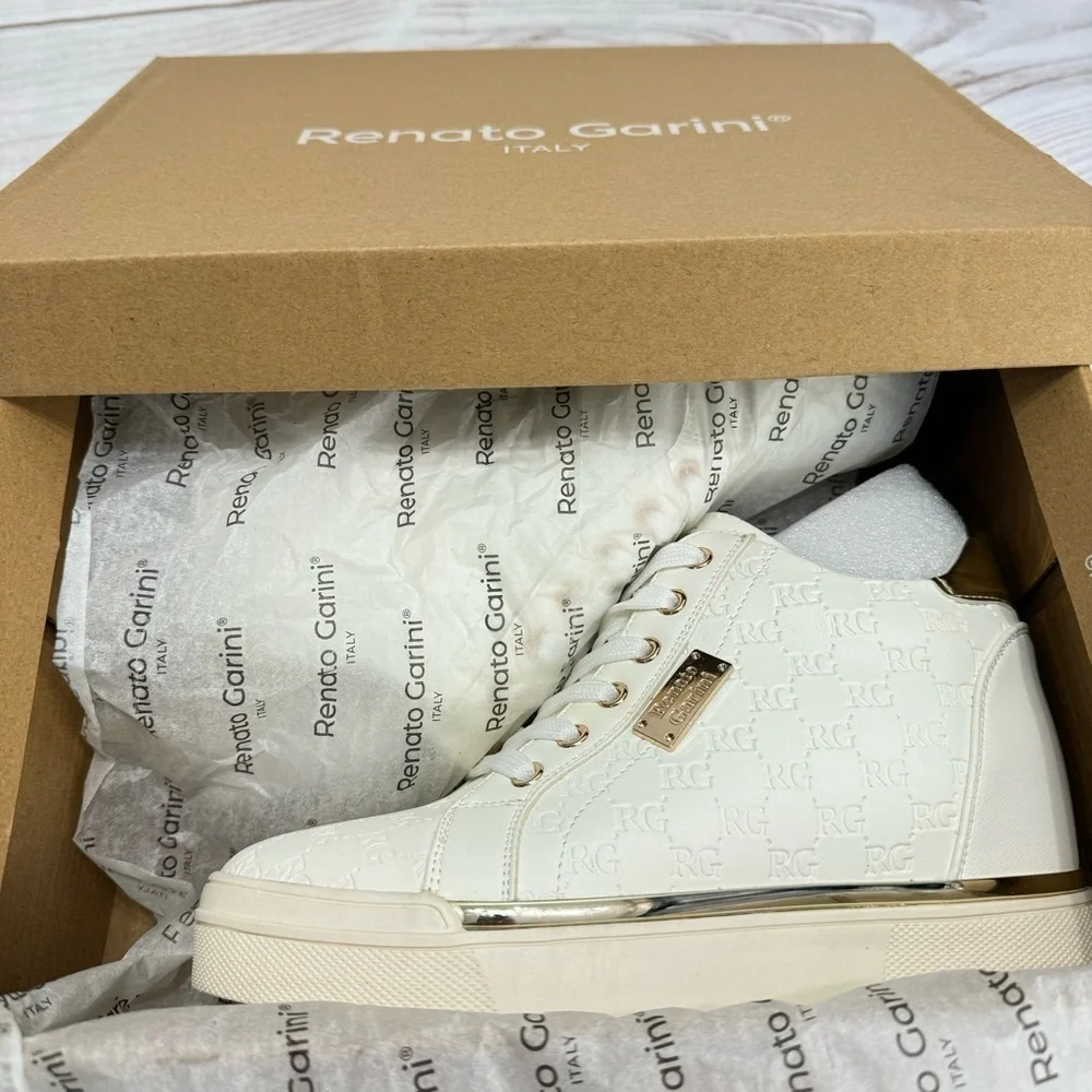 Renato Garini Step Up Your Game White & Gold High Top Wedge Sneakers NEW